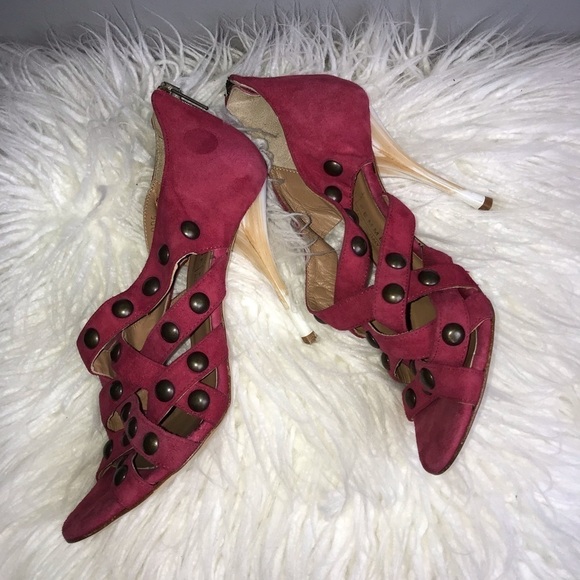 Latitude Femme Leather & Suede Studded High Heel Sandals – Burgundy – Size 7. - Picture 3 of 8